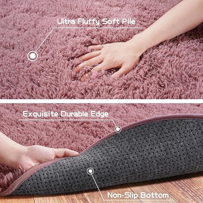 Pionblank Fluffy Oval Area Rug for Bedroom 3.3x6.2 Feet, Cute Plush Throw Rugs for Bedside, Ultra Soft Shag Carpet for Living Room Kids Room Nursery Teens Dorm Home Decor, Blush