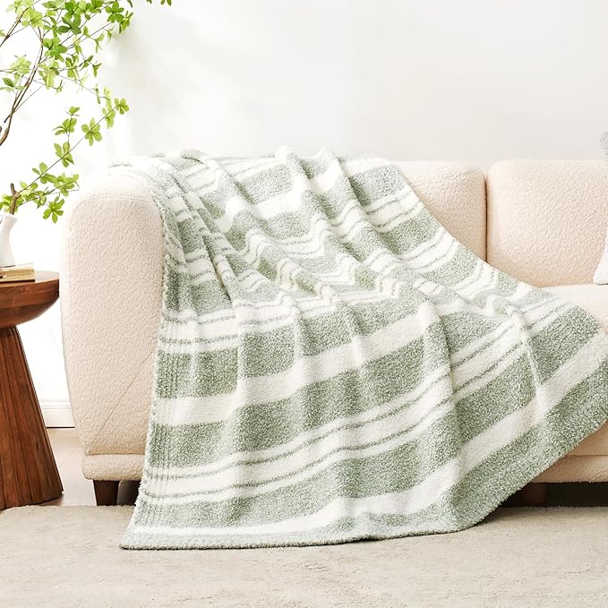 Snuggle Sac Heather Throw Blanket for Couch, Reversible Super Soft Blankets Warm Cozy Knit Fuzzy Plush Lightweight for Sofa, Bed, Camping, Picnic (Stripe Green, Throw(50"x 60"))