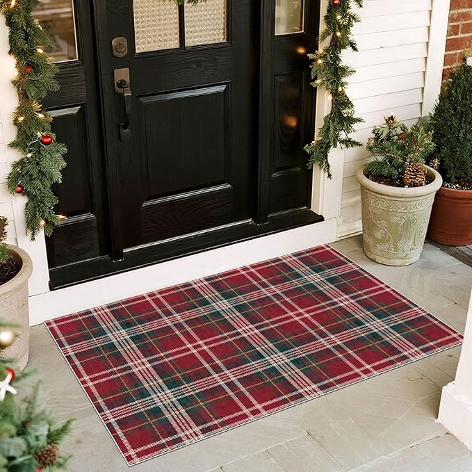 Christmas Front Door Mat Indoor Entrance - 2x3 Ft Non-Slip Doormat Outdoor Rug Small Red Holiday Tartan Plaid Entry Rug for Layered Door Mats Front Porch Entryway Kitchen New Year Decor