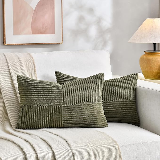 Fancy Homi 2 Packs Olive Green Lumbar Decorative Throw Pillow Covers 16x26 Inch for Living Room Couch Bed, Farmhouse Boho Home Decor, Soft Striped Corduroy Rectangle Accent Cushion Case 65x40 cm