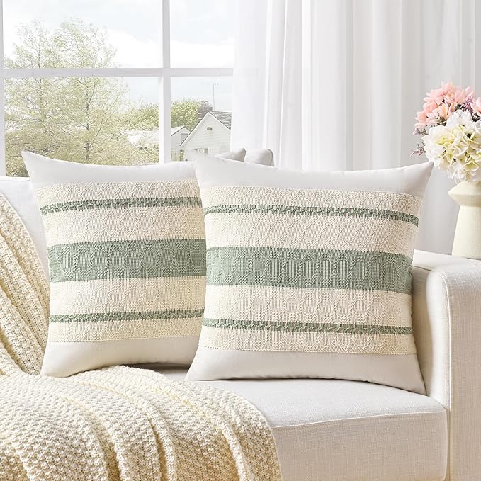 Fancy Homi Set of 1 Sage Green Boho Decorative Throw Pillow Covers 20x20 Inch for Living Room Bedroom Couch Bed Indoors, Rustic Retro Cushion Case, Bohemian Room Home Decor