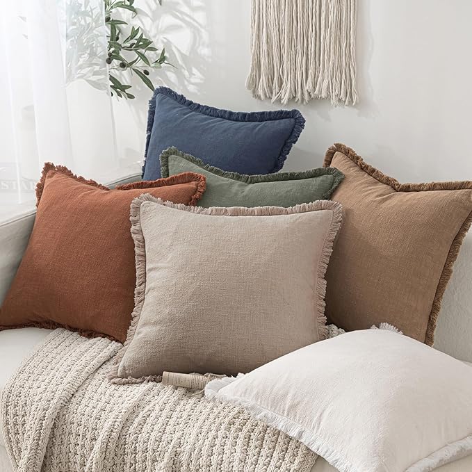 MIULEE Decorative Throw Pillow Covers Neutral Linen Fringe Throw Pillows Set of 2 Natural Linen Boho Farmhouse Cushion Covers with Tassels for Couch Sofa Bed Spring Home Decor 24x24 Inch