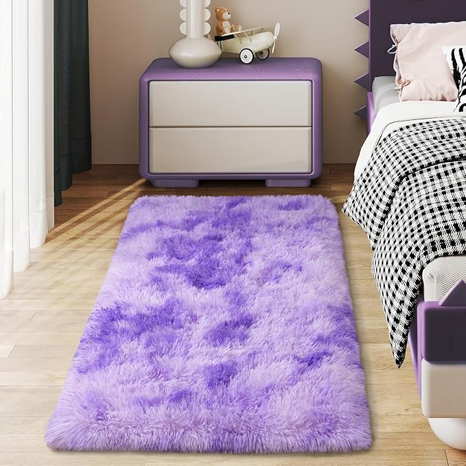 Soft Runner Rugs for Bedroom Hallways, 2x4 Tie-Dyed Purple Fluffy Shag Throw Area Rug Non Slip for Bedside Dorm, Long Shaggy Furry Carpet for Nursery Living Room