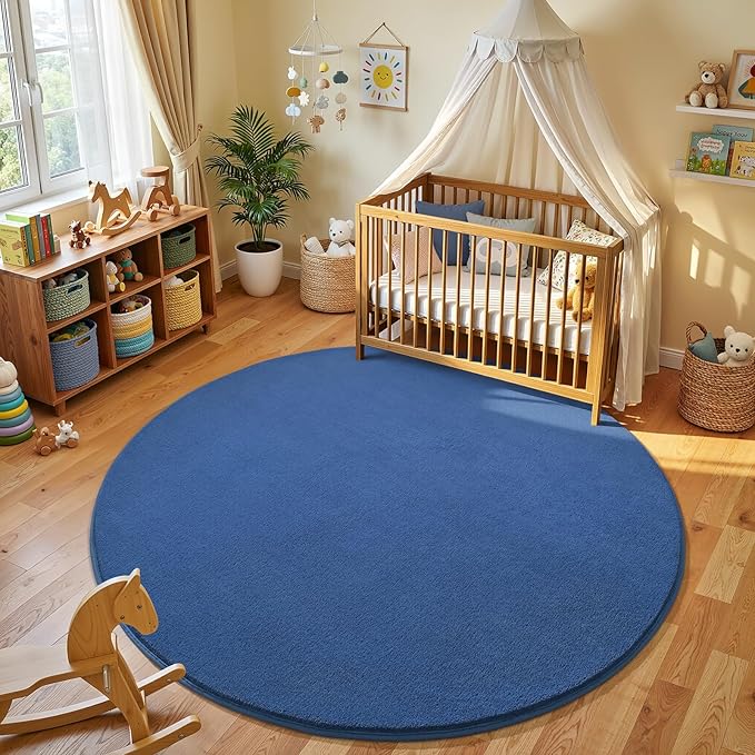 Amearea Blue Round Area Rugs 4ft Washable Circle Rugs for Bedroom Living Room, Fluffy Indoor Thickened Memory Foam Rug, Non Slip Minimalist Circular Carpet for Kids Boys Girls Dorm Nursery Room Decor