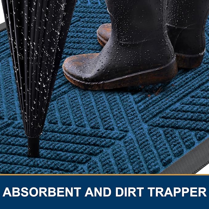 Smiry Front Door Mat Outside Entrance, Heavy Duty Sturdy Natural Rubber Doormat, Trap Dirt and Moisture, Easy Clean Low Profile Welcome Floor Mats for Indoor Outdoor Entry, 35X23 Inch, Mixed Blue