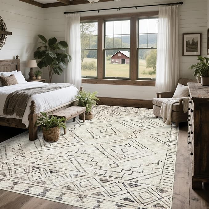 Washable Rugs 8x10 Area Rugs for Living Room,Bedroom,Dining Room- Large Ultra Soft Faux Wool Retro Carpet,Non Slip&Non-Shedding Low Pile Morocco Rug for Farmhouse Home Office Dorm(Beige-Brown)