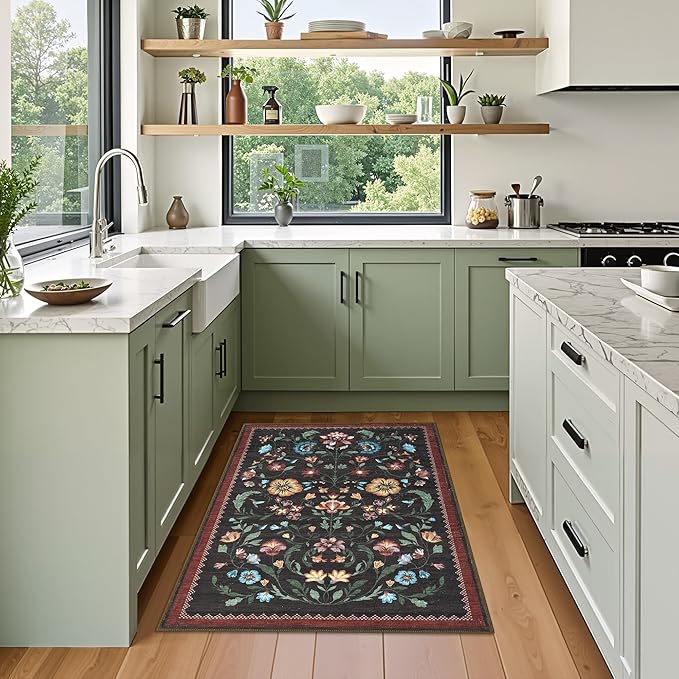 GarveeHome Floral Rug for Entryway 2x3 Rugs Machine Washable Boho Small Area Rug Non-Slip Low-Pile Front Door Soft Mat for Entrance, Bedroom, Kitchen, Laundry, Bathroom, Red