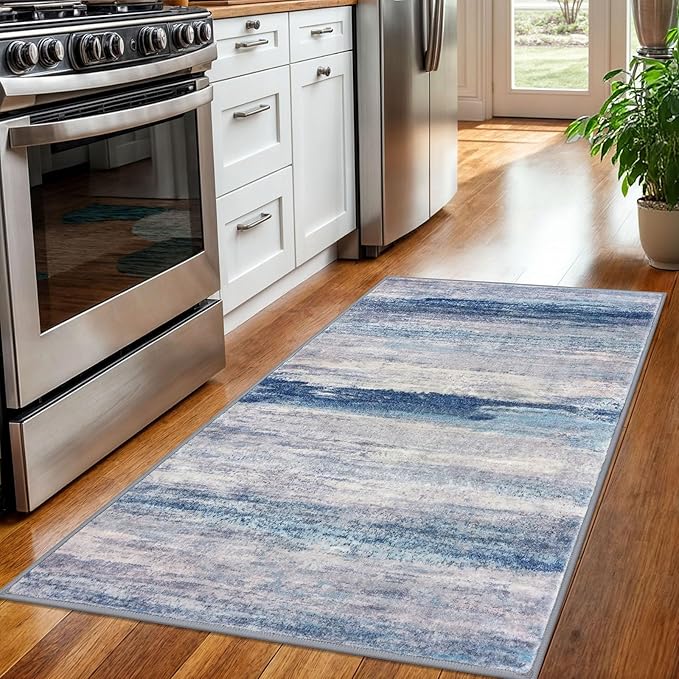 KOZYFLY 3x5 Rug Modern Ombre Living Room Area Rug, Washable Rugs for Bedroom Non-Slip Soft Stain Resistant Striped, Print Blue/Grey/Beige Abstract Carpet for Living/Laundry/Kid Room
