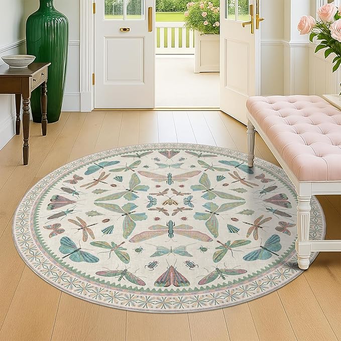 Insect Light Green 5ft Round Area Rug for Living Room - Washable Floral Fun Kids Rugs for Bedroom, Playroom, Boho & Butterfly Design - Low Pile Soft Circle Carpet