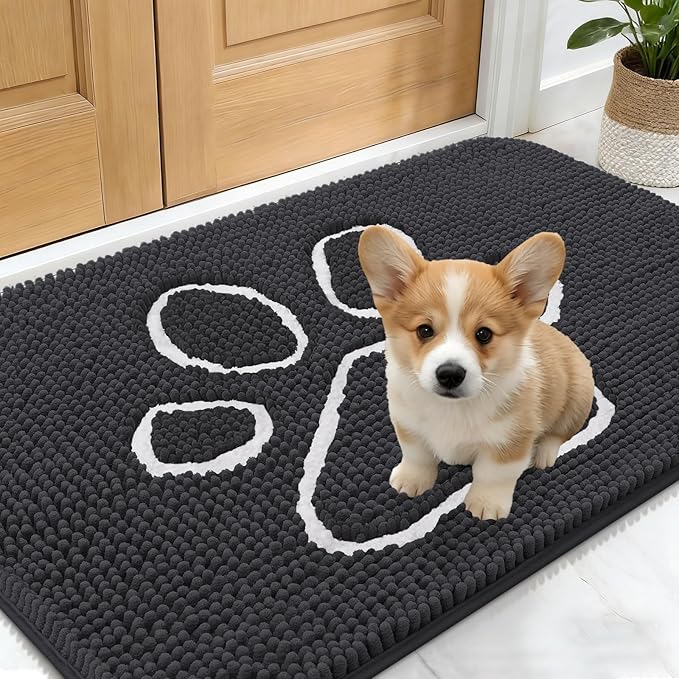 OLANLY Dog Door Mat for Muddy Paws 24x16, Paw Print Design, Absorbs Moisture and Dirt, Absorbent Non-Slip Washable Doormat, Quick Dry Chenille Mud Mat for Dogs, Entry Indoor Entryway Carpet, Dark Grey
