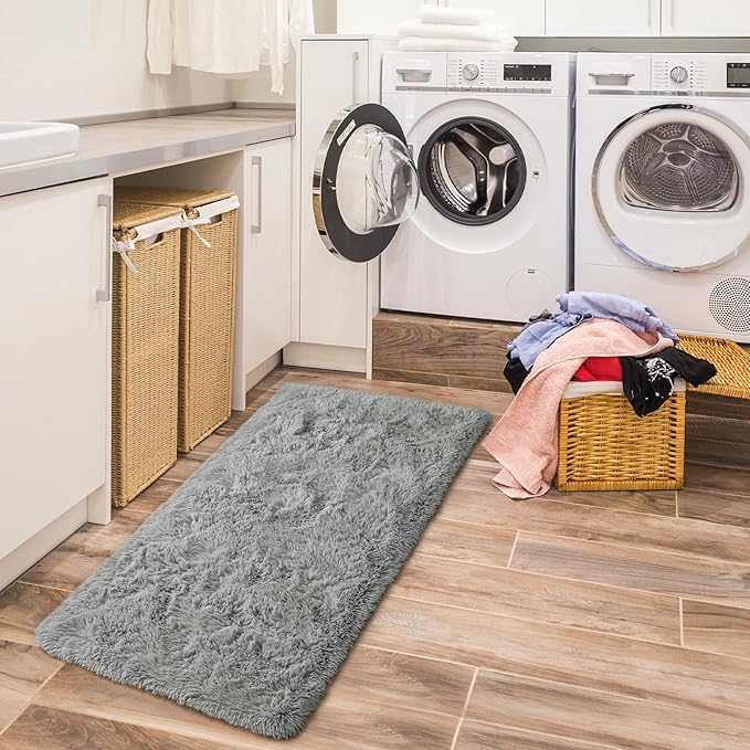 Amearea Shag Small Rug, Fluffy 2x4 Feet Throw Rugs for Bedroom Girls Living Room, Extra Soft and Fuzzy Shaggy Carpet, Non Slip, Solid Color Nursery Home Floor Decor Carpets, Grey