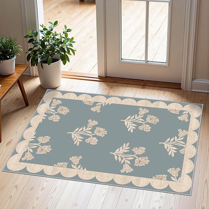 Front Door Mat Outside Entrance - 2x3 Floral Non-Slip Washable Doormat Indoor Outdoor Mat Blue Retro Farmhouse Scalloped Entry Rug Small Throw Rugs for Entryway Kitchen Front Porch Decor