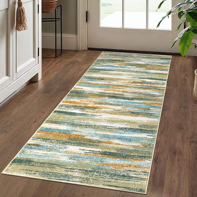 Lansny Modern Abstract Runner Rug 2x5, Green Mustard Multi Washable Entryway Kitchen Runner Non-Slip Soft Hallway Rug Runner Thin Print Faux Wool Carpet for Bedroom Laundry Room Indoor