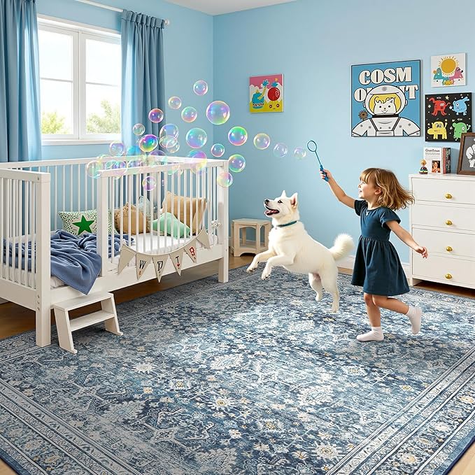 Lofus 6x9 Area Rug for Living Room,Blue Washable Area Rugs with Non-Slip Backing,Soft Boho Carpets for Bedroom Dining Room Home Office Indoor Nursery