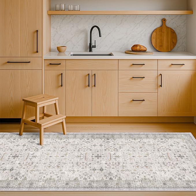 Hazo Haus Light Gray Washable 2'6"x8' Wide Runner Rugs for Kitchen, Bathroom, Hallway, Non-Slip & Stain Resistant Long Floor Rug, Neutral Boho Floral Décor