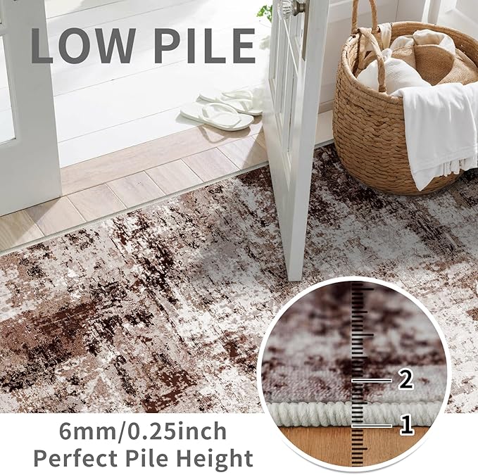 2x8 Washable Runner Rugs for Hallway: Easy-to-Clean Abstract Runners for Entryway Bedroom - Stain and Water Resistant Rugs with Non-Slip Backing - Soft Low-Pile Carpet Brown Khaki White