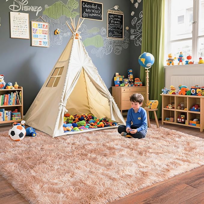 Pionblank Large Rug for Living Room 6x9 Feet, Modern Soft Shag Area Rug, Plush Fuzzy Carpet for Bedroom Girls Boys Room Home Nursery Teens Dorm Decor, Tie-Dyed Beige