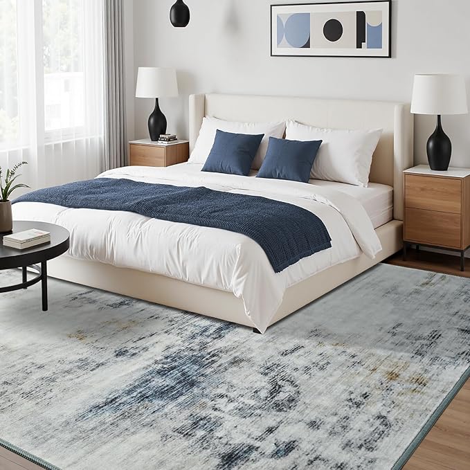 Toneed Abstract Area Rug 8x10 Modern Washable Rug Soft Non Slip Rug Low Pile for Bedroom Living Room Dining Room Blue/White