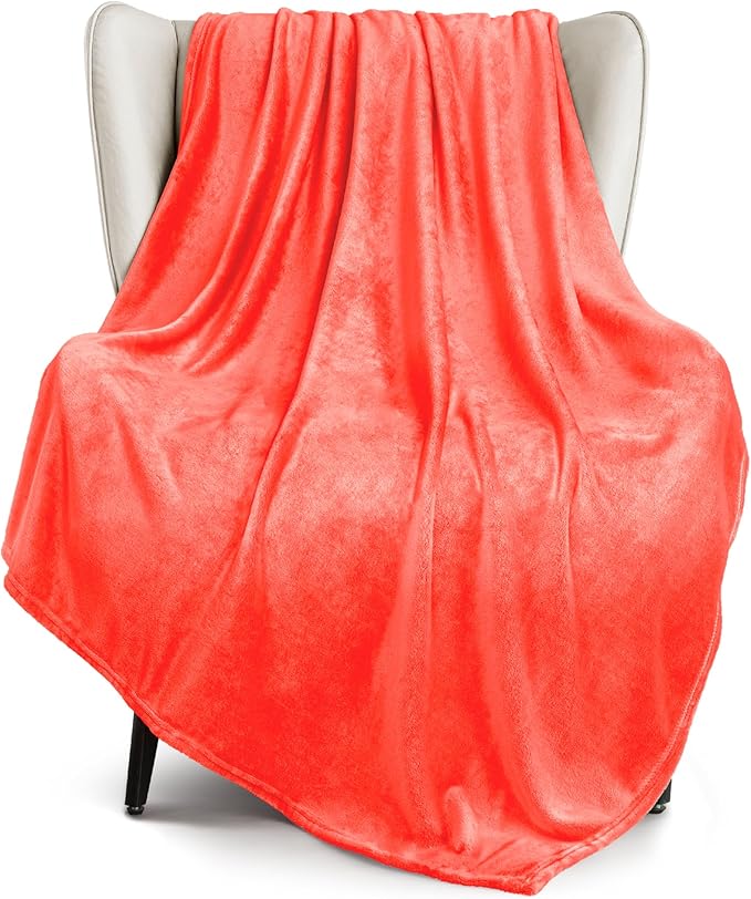 Exclusivo Mezcla Fleece Throw XL Blanket for Couch, Sofa, Super Soft and Warm Coral Orange Blankets, All Season, Cozy, Plush, Lightweight, 50x70 Inches