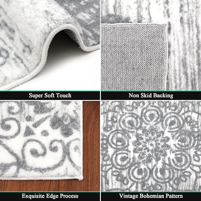HEBE Washable Area Rug - 3'x5' Non Slip Soft Distressed Medallion Bedroom & Living Room Accent Throw Vintage Entry Floor Carpet for Dining Room & Bathroom Entryway