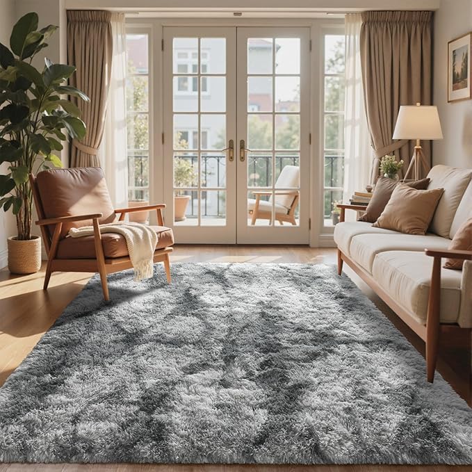 4x6 Ft Shag Rugs for Bedroom Living Room, Tie-Dyed Ultra Soft Fluffy Furry Area Rugs for Indoor Floor, Aesthetic Carpet for Kids Home Decor (Grey)