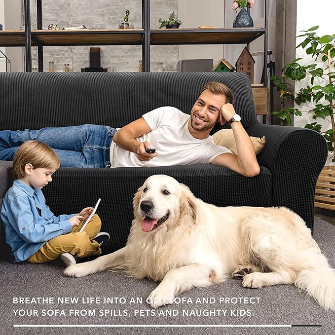 ZNSAYOTX Super Stretch Couch Cover Love Seat Sofa Covers for Living Room Dogs Pet Friendly Furniture Protector Spandex Loveseat Slipcovers with Anti Slip Foam Sticks (Black, Loveseat)