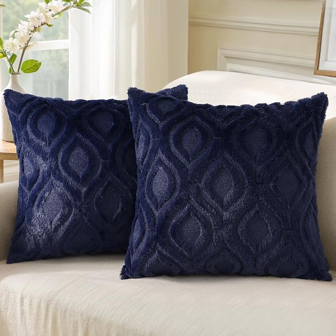 decorUhome Summer Throw Pillow Covers 20x20 Inch Set of 2, Soft Plush Faux Wool Navy Blue Solid Couch Pillow Covers, Accent Farmhouse Neutral Square Pillow Cases for Sofa Bed Living Room