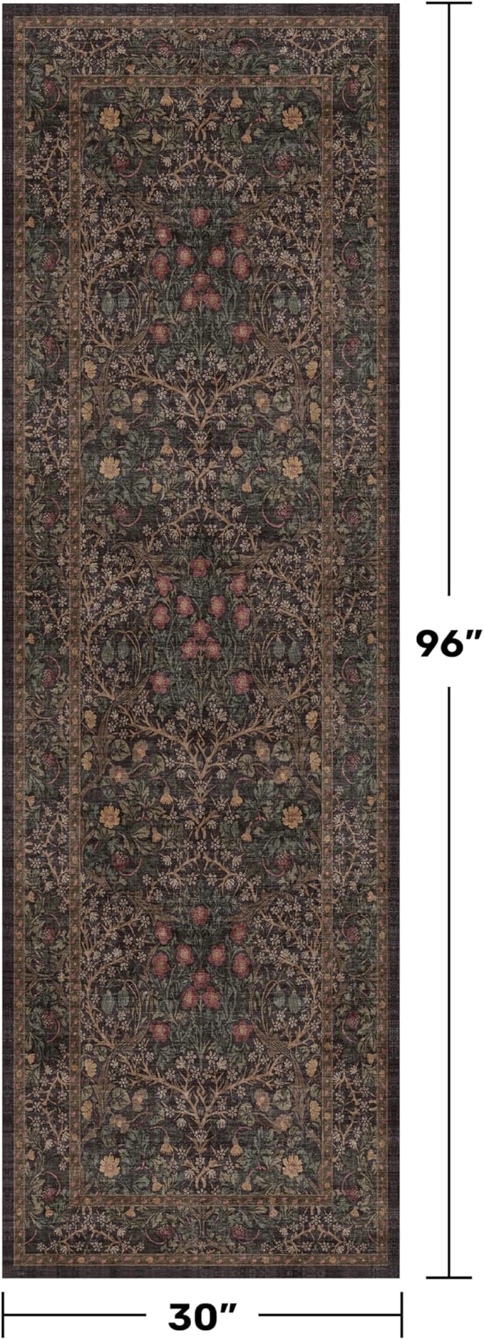 Dark Brown 2'6" x 8' Runner Rug for Hallways Non Slip, 8ft Extra Long Floor Runner for Kitchen, Entryway Indoor, Washable Rubber Backing Stain Resistant - Vintage Dark Botanical Floral Décor