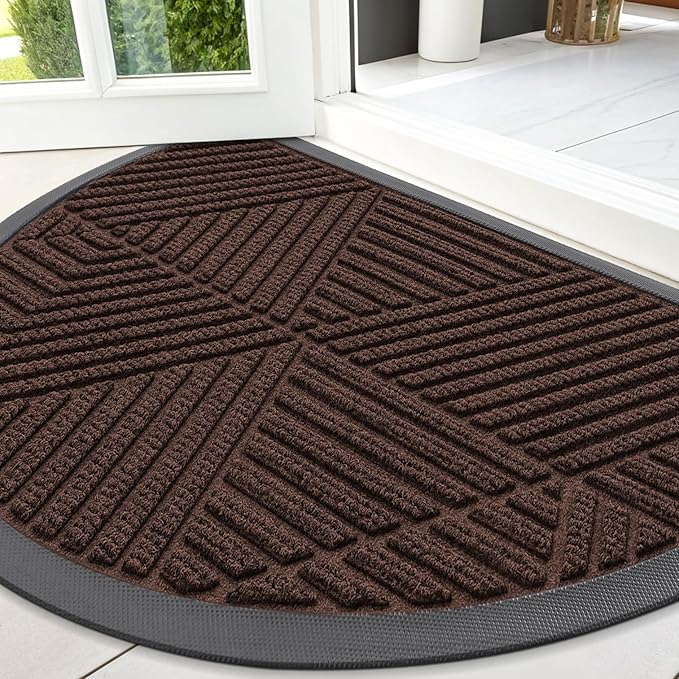 Smiry Half Circle Front Door Mat Outside Entrance, Heavy Duty Sturdy Natural Rubber Doormat, Trap Dirt and Moisture, Low Profile Mats for Indoor Outdoor Entry, Irregular Triangle (47x32, Dark Brown)