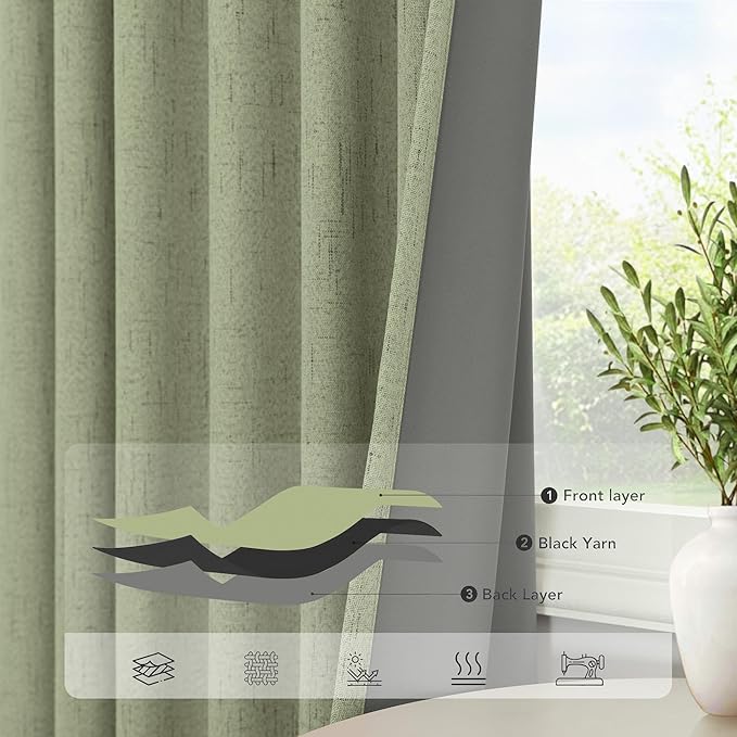 Pitalk Light Sage Green Black Out Curtains 63 Inch Long 2 Panel Set Back Tab Pleated Linen Textured Cute Blackout Curtains for Girls Bedroom Nursery Living Room Darkening Thermal Window Drapes Vintage