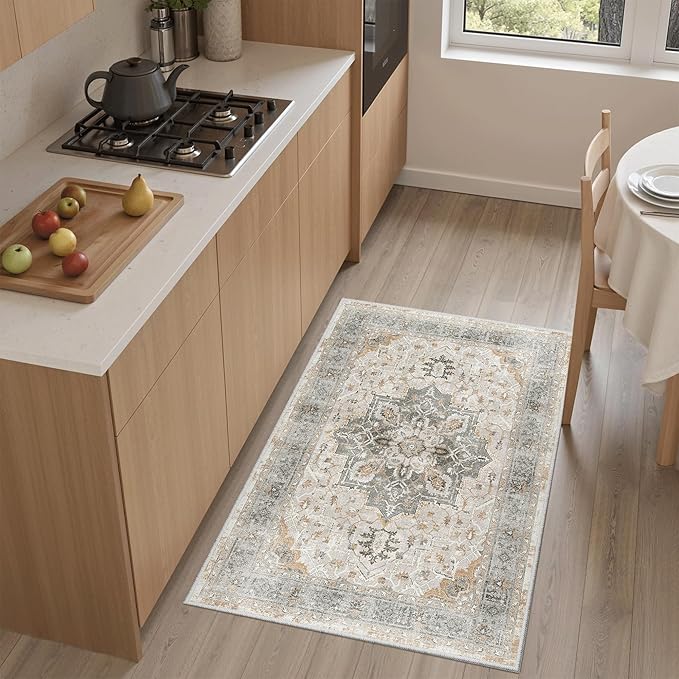 Madane Washable Area Rug 2x3, Small Entryway Rug Non-Slip Vintage Door Mat Indoor Entrance, Low Pile Floor Carpet for Inside Front Door Bedroom Kitchen Entry Laundry (2'x3', Light Taupe Brown)