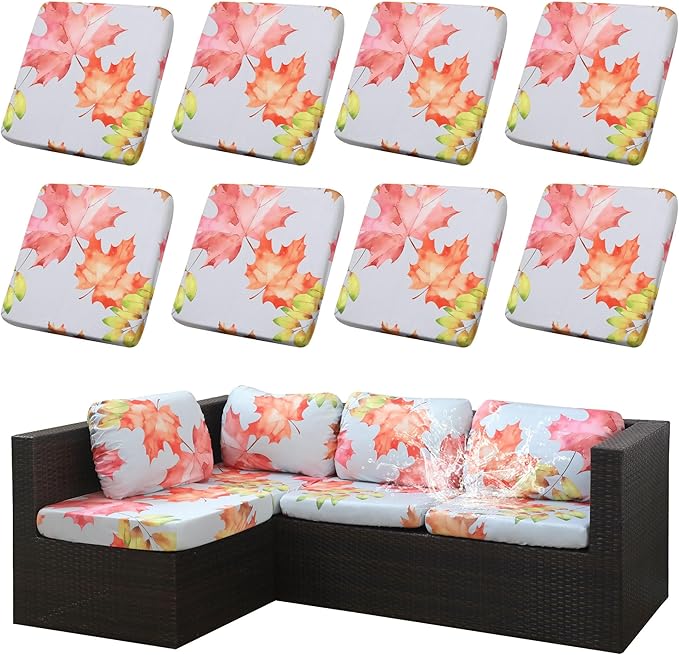 8Pcs Outdoor Cushion Covers, Patio Cushion Covers,Stretch Elastic Slipcovers, Replacement Washable & Reusable Furniture Protector for Patio Couch (Red and Yellow Maple-Pattern,Cover Only)