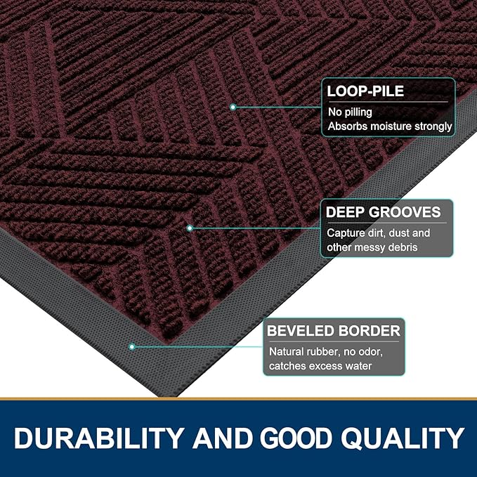 Smiry Front Door Mat Outside Entrance, Heavy Duty Sturdy Natural Rubber Doormat, Trap Dirt and Moisture, Easy Clean Low Profile Mats for Indoor Outdoor Entry, Irregular Triangle (29.5x17, Dark Red)