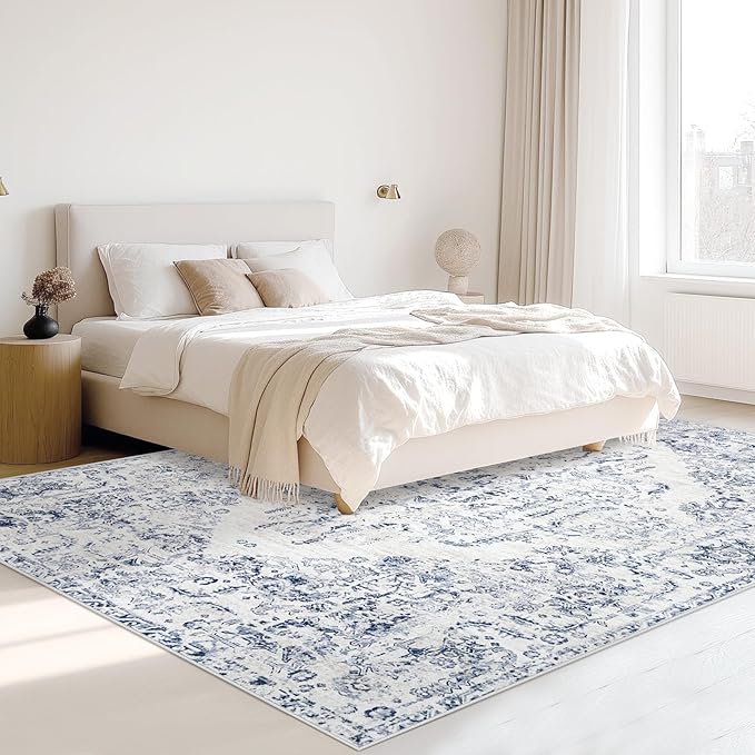 5x7 Area Rugs for Living Room: Washable Rug Vintage Large Rugs Soft Non Slip Low Pile Rug Floral Distressed Floor Carpet for Bedroom Kitchen Nursery Dining Room Home Office (Blue, 5'x7')
