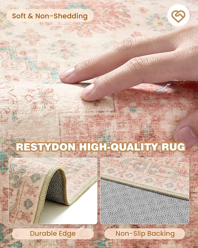 Runner Rug 2x6, Non Slip Washable Rugs for Laundry Room, Runners for Hallways, Low Pile Vintage Soft Rugs for Living Room, Kitchen Bathroom,Bedroom Rug(Pink,2'x6')