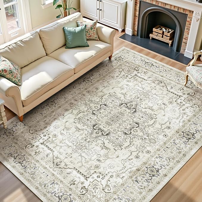 Lofus 8x10 Area Rugs for Living Room, Washable Area Rug, Rugs for Bedroom, Kitchen, Vintage Boho Carpet, Soft Non-Slip, Low Pile Large Area Rug for Office Dining Room, Beige and Brown