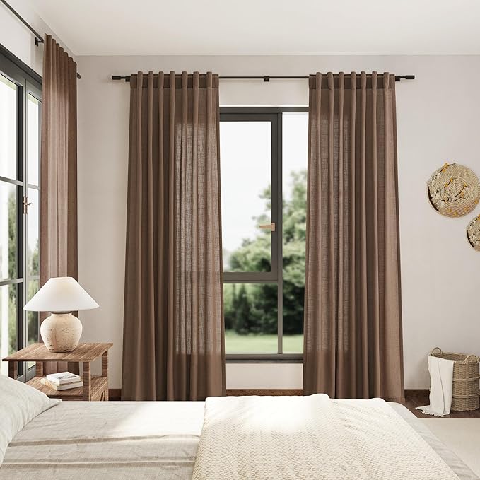 Nanspring Extra Long Caramel Brown Linen Curtains 2 Panels 102 Inches Long for Dinning Room Back Tab Light Filtering Semi Sheer Drapes Cotton Linen Textured Window Curtain 102 Inch Length for Bedroom