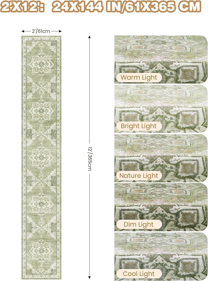 Hallway Runner Rug 2x12, Extra Long Washable Runner Rugs with Rubber Backing, Non Slip Runner, Vintage Rug Runners for Kitchen Laundry Room Entryway (Light Green,2'x12')