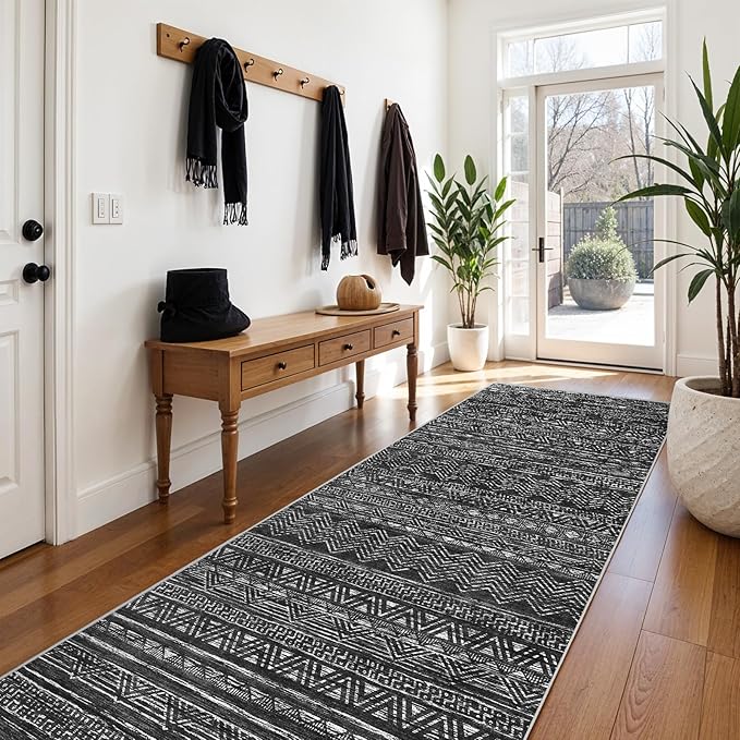 3x10 Washable Hallway Runner Rug - Moroccan Non-Slip Long Runners for Entryway Soft Modern Geometric Low-Pile Rugs for Kitchen Waterproof Neutral Carpet for Bedrooom Bathroom Laundry 3x10 Black