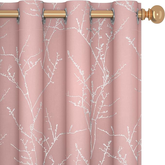 Deconovo Pink Curtains, Blackout Drapes, Thermal Insulated Soundproof Privacy Curtain, Silver Tree Print, 52 x 63 Inch, Machine Washable Window Panels for Girls Bedroom Living Room Nursery, Set of 2