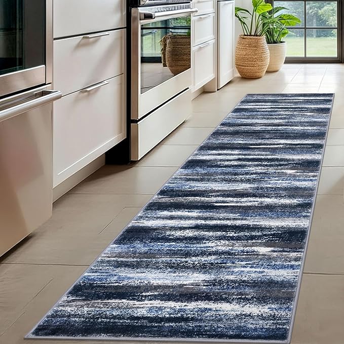 Lansny Modern Abstract Hallway Runner Rug, Navy Blue Washable Kitchen Runner Non-Slip Soft 2x8 Runner Rug Thin Print Faux Wool Carpet for Entryway Bedroom Laundry Room Indoor