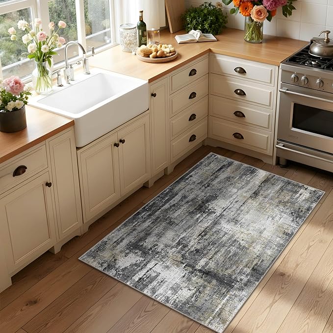Latte&Fog 2x3 Entryway Rug, Small Modern Abstract Door Mat, Washable Kitchen Rug, Boho Non Slip Low Pile Carpet for Indoor Kitchen, Entry, Front Door and Bathroom - Black/Gold