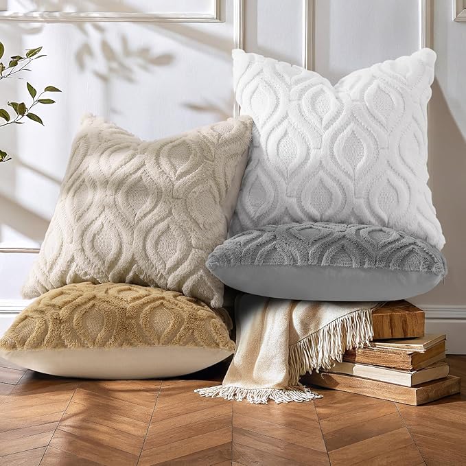 decorUhome Throw Pillow Covers 20x20 Inch Set of 2, Soft Plush Faux Wool Beige Solid Couch Pillow Covers, Accent Farmhouse Neutral Square Pillow Cases for Sofa Bed Living Room