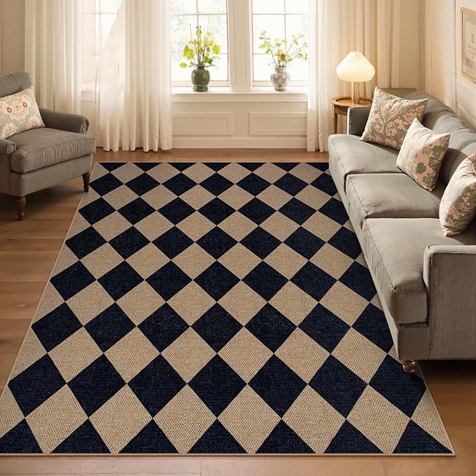 Lahome Colette Checkered Easy Jute Outdoor Rug, 5x7 Area Rugs for Living Room Nature Large Dining Room Carpet, Farmhouse Outdoor Patio Non Slip Diamond Carpet for Home Office Bedroom Backyard Deck
