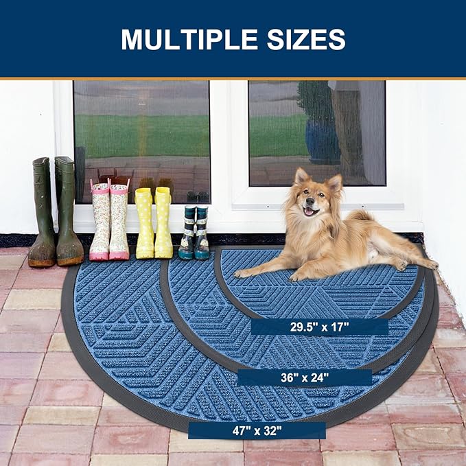 Smiry Half Circle Front Door Mat Outside Entrance, Heavy Duty Sturdy Natural Rubber Doormat, Trap Dirt and Moisture, Low Profile Mats for Indoor Outdoor Entry, Irregular Triangle (35x23, Blue)