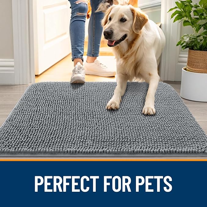 OLANLY Dog Door Mat for Muddy Paws 44x24, Absorbs Moisture and Dirt, Absorbent Non-Slip Washable Doormat, Quick Dry Chenille Mud Mat for Dogs, Entry Indoor Entryway Carpet for Inside Floor, Grey