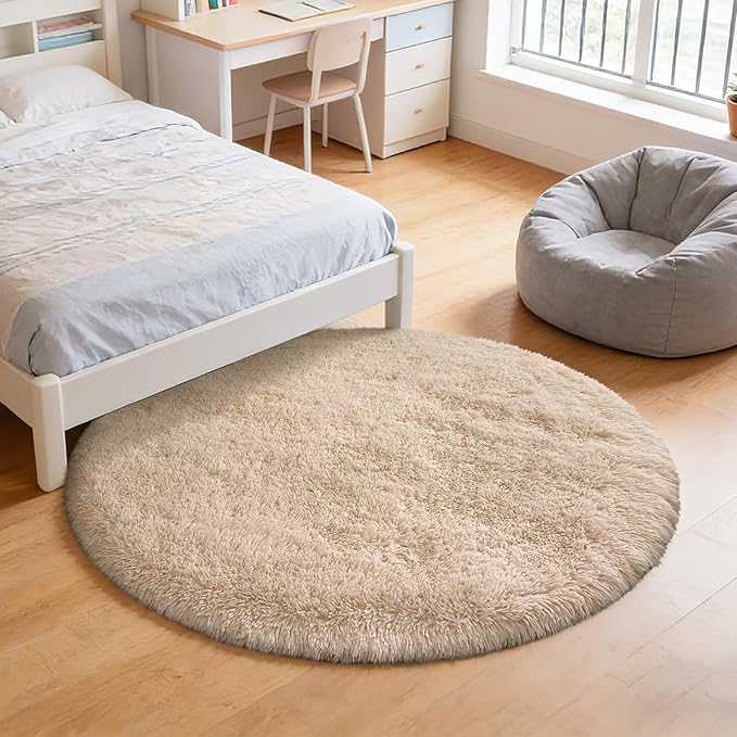 yulidayang Fluffy Round Area Rugs for Bedroom,3'X3'Shag Circle Area Rugs for Girls Room,Non Slip Fuzzy Plush Rug for Kids Room Living Room and Dorm Home Decor Rug,Beige