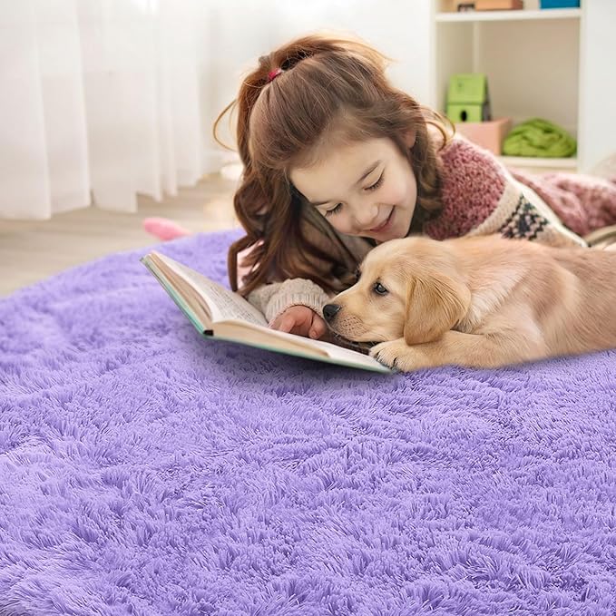 OLANLY Light Purple Round Rugs for Bedroom - Machine Washable, 3 ft Circle Area Rugs for Living Room, Soft and Fluffy Shaggy Carpet for Teen Girls and Boys, Nursery Rooms, Dorms, Home Decor Aesthetic