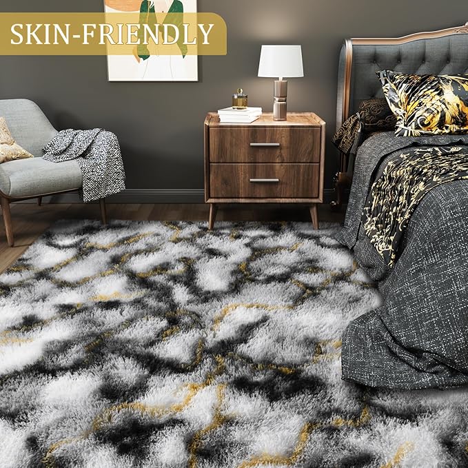 LOCHAS Ultra Soft Indoor Modern Area Rugs Fluffy Living Room Carpets for Children Bedroom Home Decor Nursery Rug 6x9 Feet, Grey-Gold