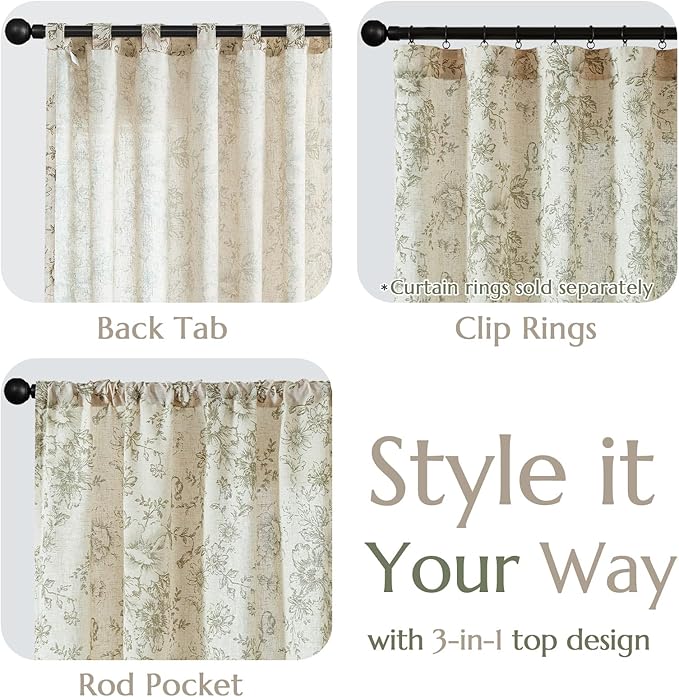 jinchan Linen Blend Floral Curtains for Living Room 54 Inch Length Farmhouse Printed Curtain Rod Pocket Back Tab Sage Green Peony Flower Patterned Drapes Bedroom Curtains Set 2 Panels